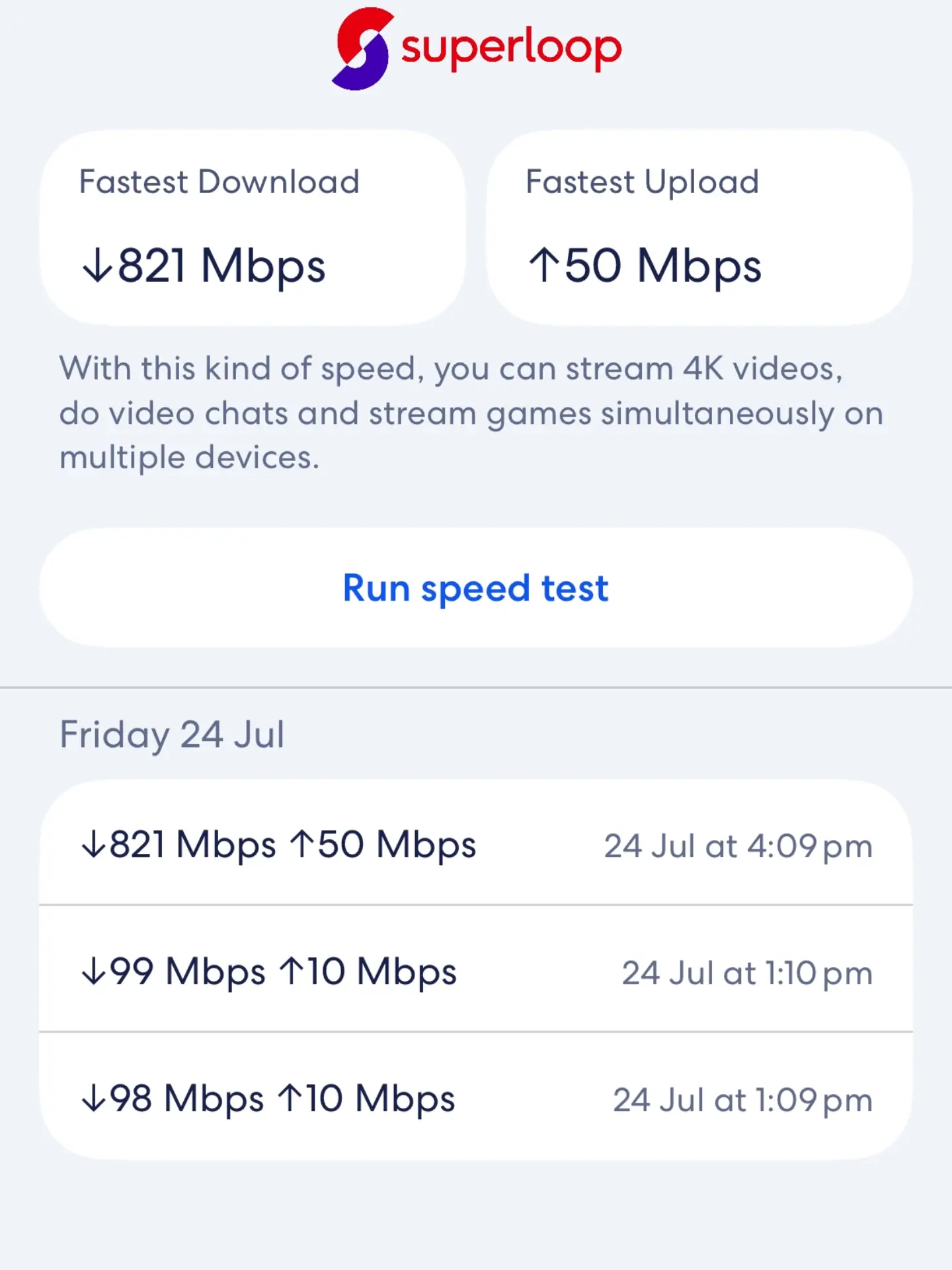 Phone screenshot of before and after speed tests, 99 Mbps to 821 Mbps